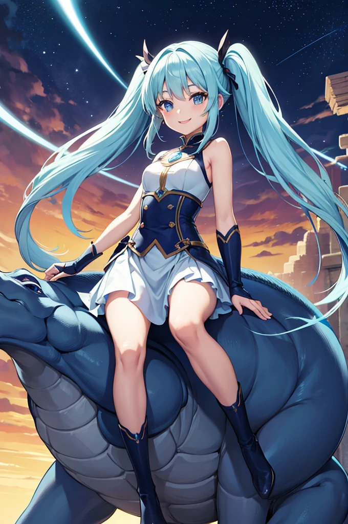 Beautiful girl riding a dragon Light blue long hair Twin tails Bright smile