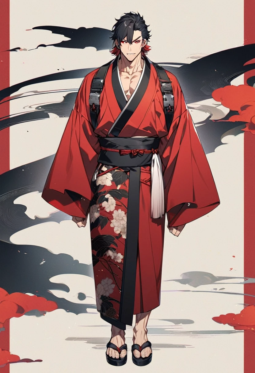 A anime man, black short hair, mullet haircut, red eye, black and red kimono, standing, full body, adult, muscular body