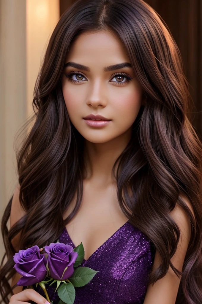 Create a girl with long brown hair, with golden eyes and dark skin receiving a rose from a dark boy, with violet eyes and short dark violet hair.