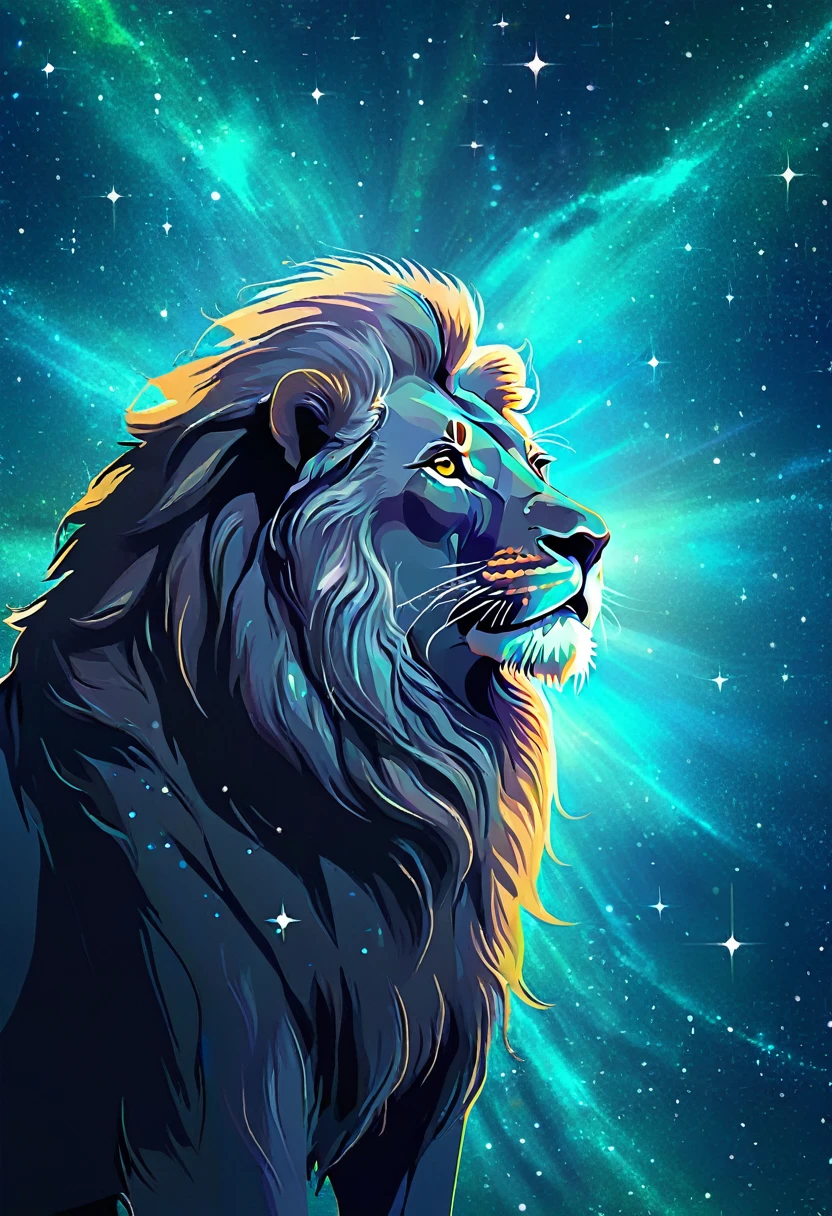 a lion silhouette composed by bright stars. Cosmic background