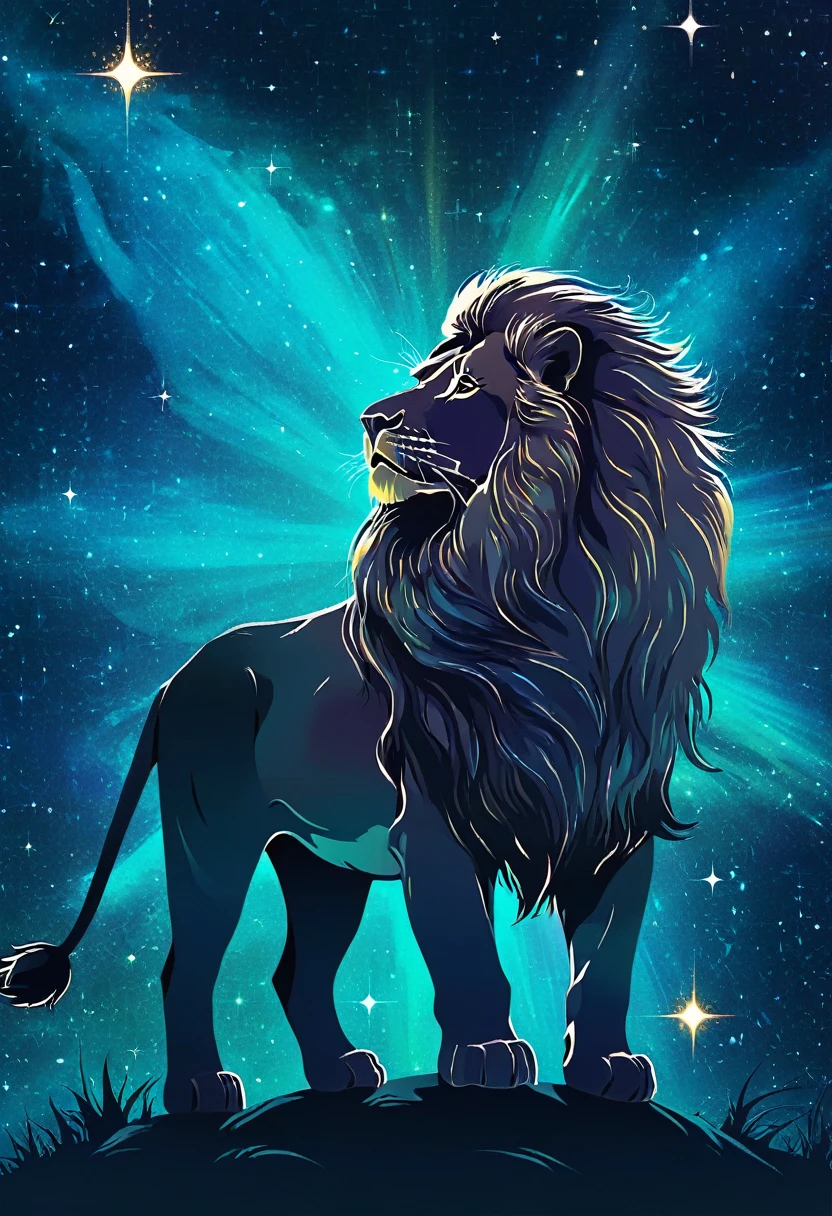 a lion silhouette composed by bright stars. Cosmic background