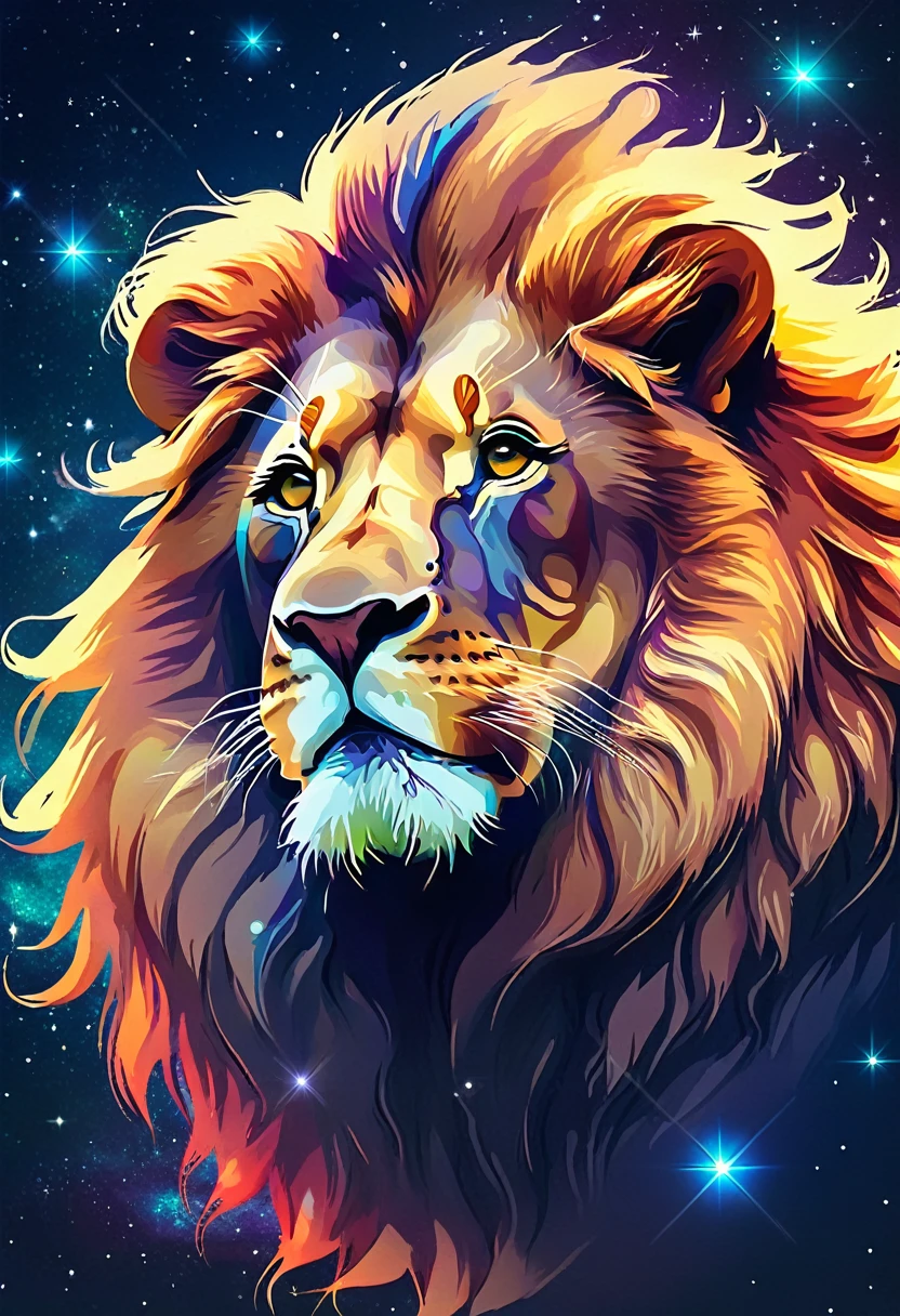 a lion silhouette composed by bright stars. Cosmic background