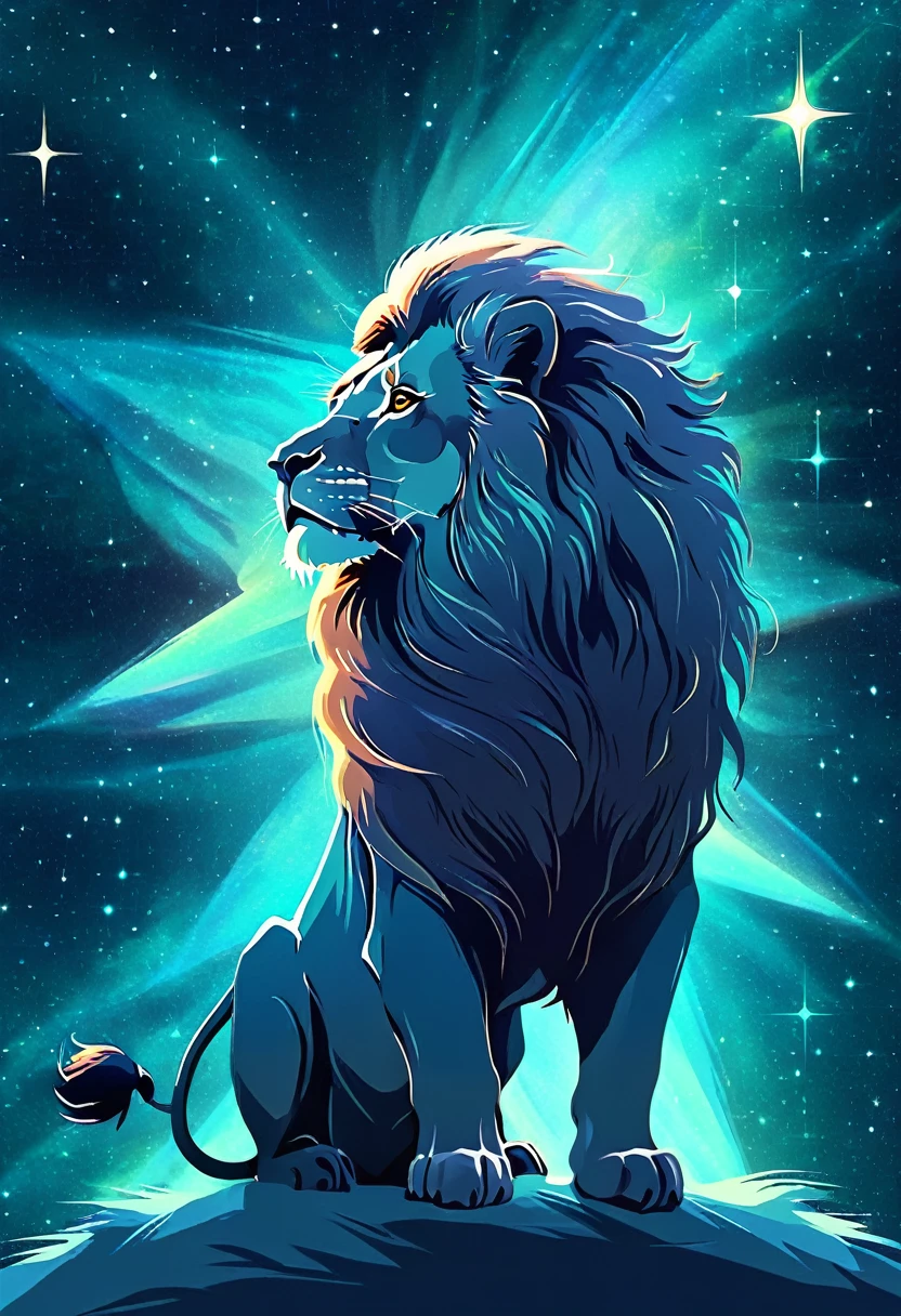 a lion silhouette composed by bright stars. Cosmic background