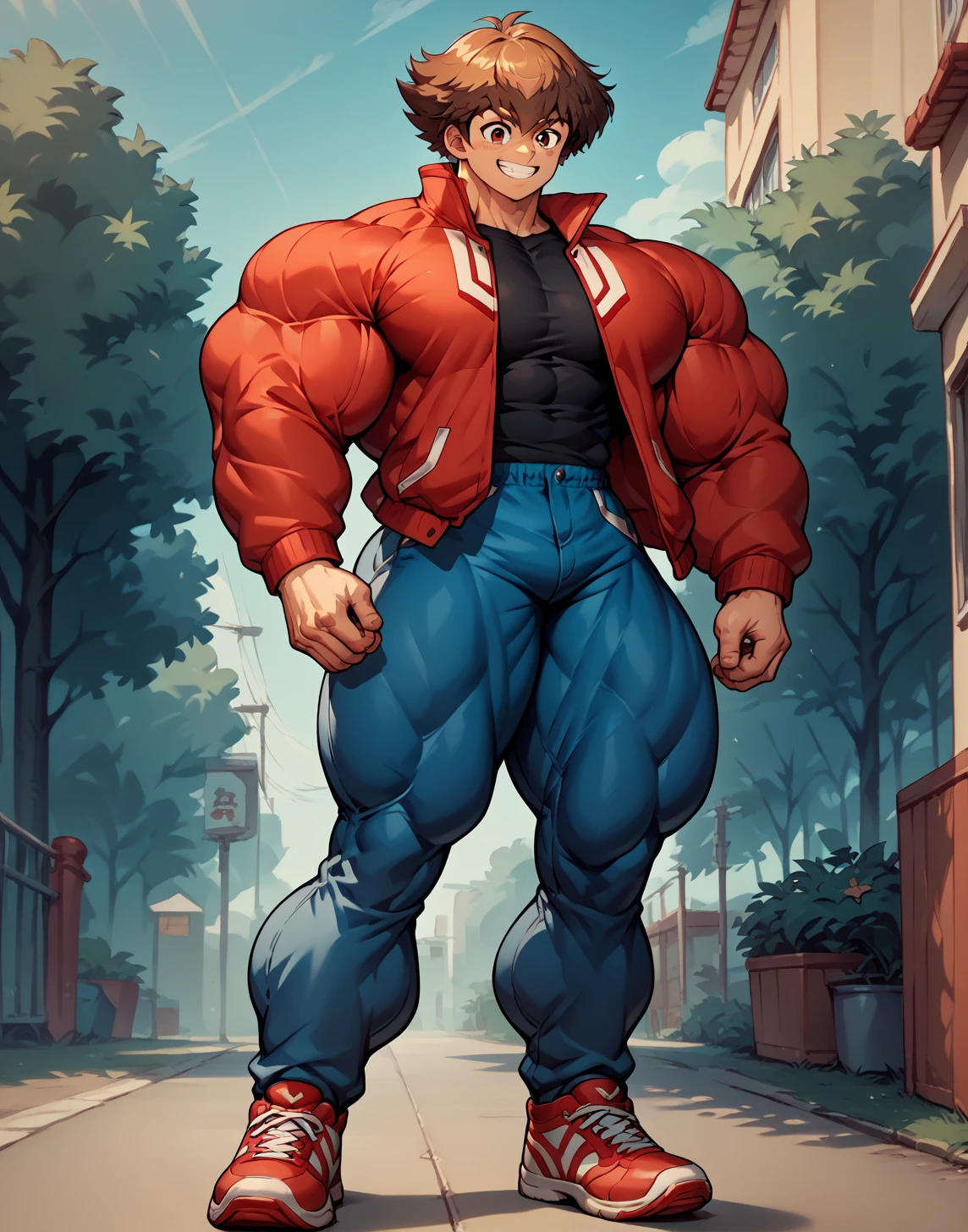 alone, Whole body,smiling , muscular, hypermuscle, huge muscle, big muscles, pectoral muscle , 1 chico  , big pecs , muscular thighs, muscular glutes  , young , cheered up , yu give oh! , jaden yuki  , black shirt, Red jacket, blue pants, Red shoes, Brown hair