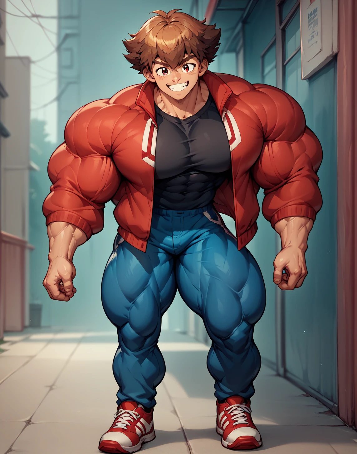 alone, Whole body,smiling , muscular, hypermuscle, huge muscle, big muscles, pectoral muscle , 1 chico  , big pecs , muscular thighs, muscular glutes  , young , cheered up , yu give oh! , jaden yuki  , black shirt, Red jacket, blue pants, Red shoes, Brown hair