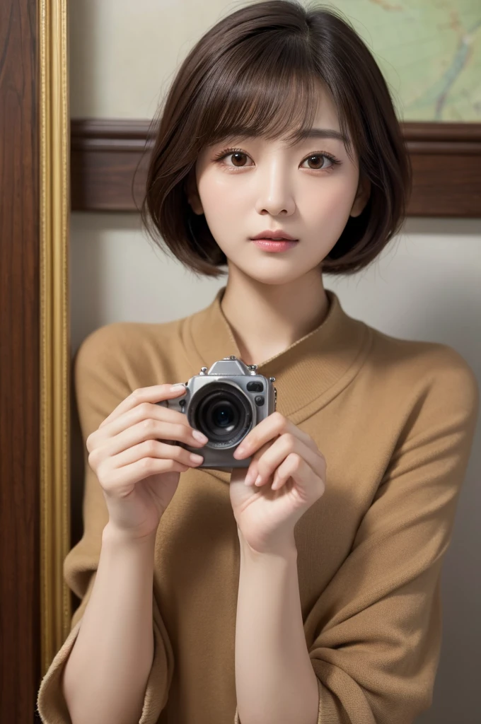 best quality , masterpiece , perfect face , bob short hair girl , korean beauty , shy face , da vinci mona lisa , blunt bangs