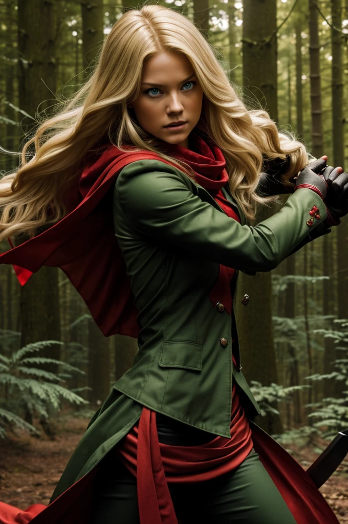 blonde girl with green eyes, With long hair, in battle pose, with red hood, Red scarf, holding daggers, In a forest