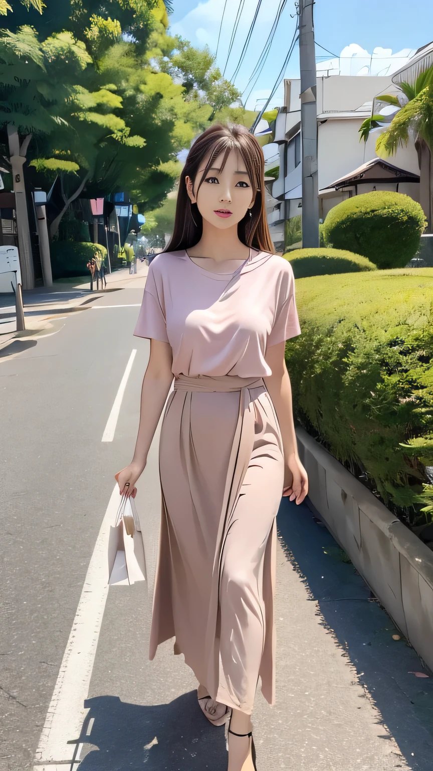 One Japanese housewife, 28 years old、Very light brown hair、Glossy pink lips、Long hair up to the waist、She is wearing a T-shirt, a maxi skirt, and high heels.、Walking towards here、Shopping for dinner、Wide pelvis、Easy-to-give-birth buttocks、