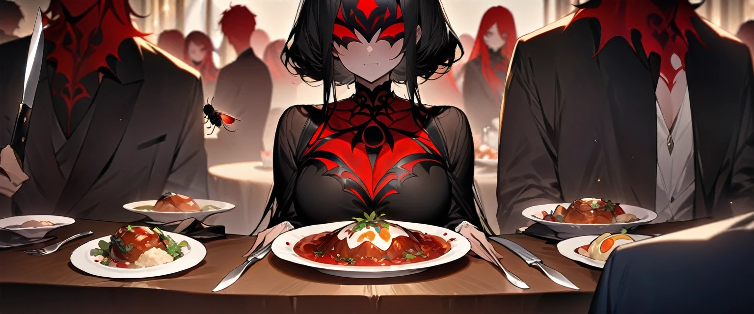 (((masterpiece,Highest quality))),(((Devil anime woman with fly motif))),(((He is sitting at the table with his knife and fork in front of a sumptuous dish))),Focus on people,(high quality),アニメ,b3ks1n