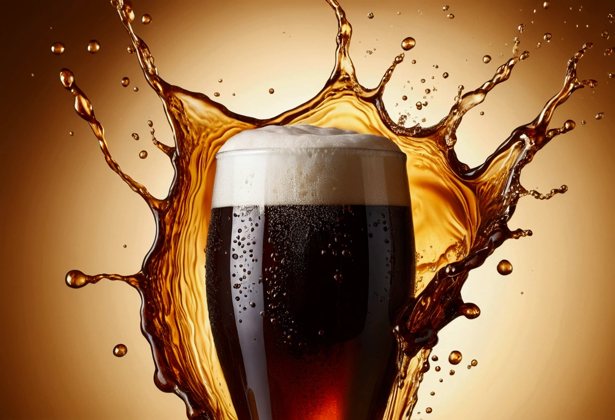 a picture of dark beer, beer splashing in the elegant cream color background like in a commercial, everything in focus
