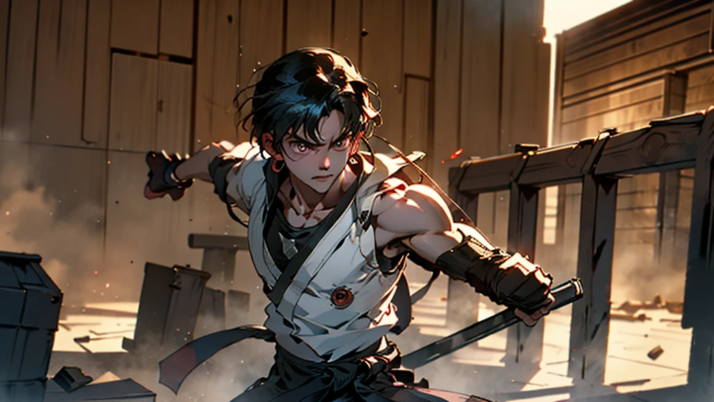 A powerful image of a male martial artist breaking through a barrier (e.g., wooden boards, bricks) with intense focus and determination.