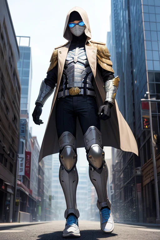 ((best quality)), ((masterpiece)), (detailed), 1 boy in a trench coat standing on a building, full body, 19 years old, masked, white mask covering his entire head and hair, mask, black protective glasses, blue eyes, black face mask, no hair, tall and slender, thin, long beige trench coat, open trench coat showing his emblem, black fingerless gloves, white wristbands, white superhero armor, white chest with emblem, luminous blue "I" letter emblem on chest, blue I-shaped emblem, letter I, black pants, white knee pads, metallic white shoes, superhero belt, nanotechnology in the air, city background, anime
