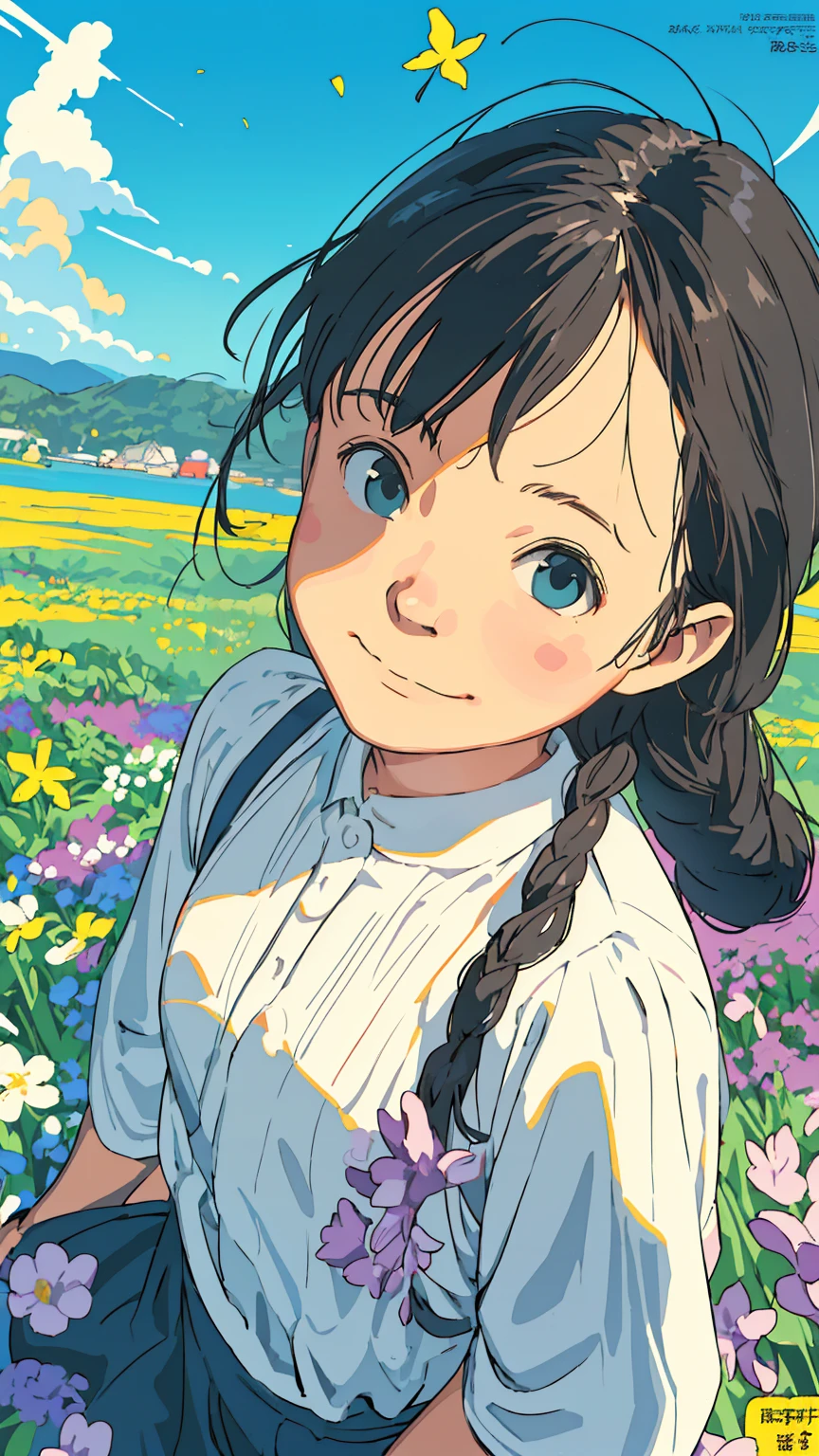 Affordable design, Clear lines, High Sharpness, (Highest quality,8k,Perfect sharpness,Ultra fine,High resolution,masterpiece:1.2), Perfect Anatomy:1.5, Official Art, Illustrations that tell a story, (Whitish background:0. 9)、Body Positivity、多Mr.な身体表現、(Random and energetic poses)、Perfect beauty、Perfect beautiful face、Strong winds、A rich expression、Dynamic composition、smile、Golden ratio composition、colorful、((Mr.々Different angles and perspectives))、Anime Art、(Mini dress)、(Overcoming stereotypes)、 Glowing Skin、(Natural beauty)、smile、Bangs、(Soft and flowing hair)、(countryside)、(Nostalgic atmosphere)、Put it up to your thighs、(Playful and carefree)、(多Mr.な民族のキャラクター)、(innocent attitude)、(Sunny atmosphere)、(The skirt flutters wildly in the wind)、(Bright colors)、Beautiful Eyes、(Embarrassing)、Braided Hair、Summer Scene、Smiling among flowers、Fashion magazine cover、Side angle、Angle from below、
