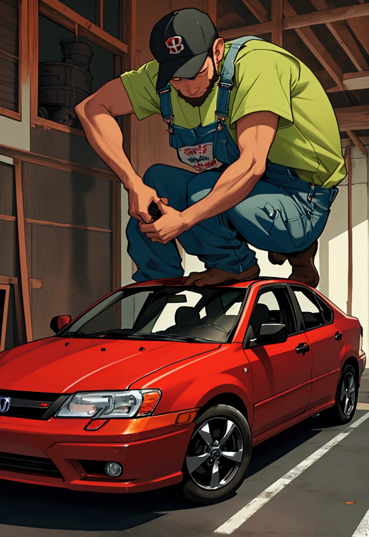 an annoying monkey with a polisher in his hands polishing a car and the car is seen from the front, Let it be a red Honda Civic and let the monkey have a black cap that says "details" and a green shirt but the overalls are brown. for a logo that is not so detailed 