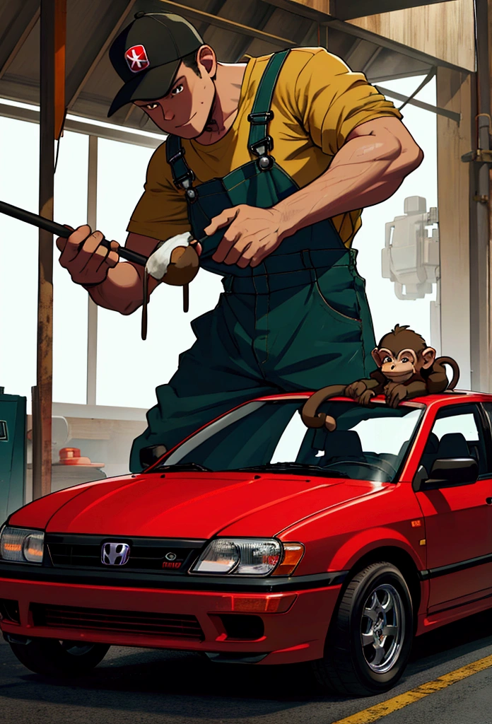 an annoying monkey with a polisher in his hands polishing a car and the car is seen from the front, Let it be a red Honda Civic and let the monkey have a black cap that says "details" and a green shirt but the overalls are brown. for a logo that is not so detailed 