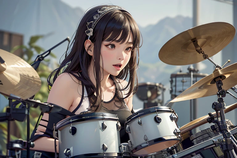 (Highest quality,8k,High resolution,masterpiece:1.2),((masterpiece,Highest quality)), 非常に詳細なHigh resolution, ((A girl in her fifties singing into a microphone while playing the drums)),((drummer)),(Highly detailed skin and facial textures:1.3), (Ultra detailed face),(Detailed arms),(Beautiful attention to detail),(Beautiful lip detail),Album cover by Yokoyama Taikan, Shutterstock, realism, Perform on stage, drummer, Live Performance, Singer-songwriter,Playing drums on stage,(Woman playing drums),  Photo taken with Nikon D750,Shot with Canon EOS 5D Mark IV,  (Slender body:1.5)