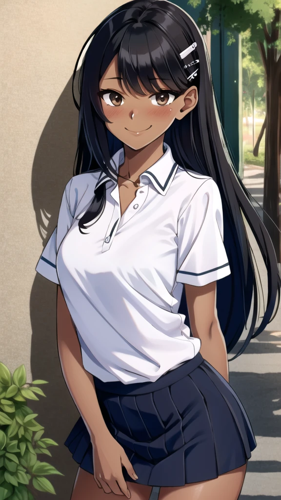 ((best quality)), ((masterpiece)), (details), one girl, sexy ((best quality)), ((masterpiece)), (details), one girl, sexy ((best quality)), ((masterpiece)), (details), one girl, full body, sexy expensive body, expensive, long legs, mature woman, mature, adult, it_nagatoro_main, Hayase Nagatoro, one girl, blushing, alone, uniform polo shirt, short sleeves, black hair,brown eyes, hair accessory, looking at viewer, hair clip, smiling, long hair, dark skinned woman, dark skin, , bangs, daytime, skirt, collared shirt, collarbone, ear clip, mouth closed, tree, asymmetrical bangs, upper body