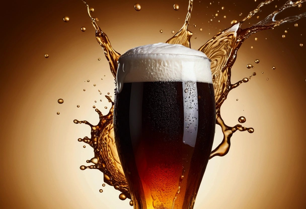 a picture of dark beer, beer splashing in the elegant cream color background like in a commercial, everything in focus