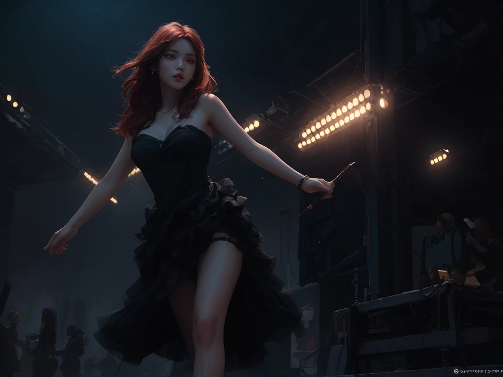 splash art, original art, 1 women, 4k, ((low pov, low shot, low angle, dynamic angle)), ((visual effect)), dark environment with neon lighting, neon, big stadium concert venue, singer, rockstar, concert, beautiful lighting effect, sexy, (((seductive))), speed movement, magic, ultra detailed, red medium hair, sexy black dress, strapless tube top dress, beutiful pose, cinematic, action, painting of a woman in a black dress on stage with a crowd, digital art of an elegant, elegant digital painting, digital painting concept art, inspired by Vincent Lefevre, twilight ; digital painting, red haired goddess, illustration concept art, gorgeous digital painting, sultry digital painting, artstation painting, an expressive digital painting, deviantart artstation cgscosiety