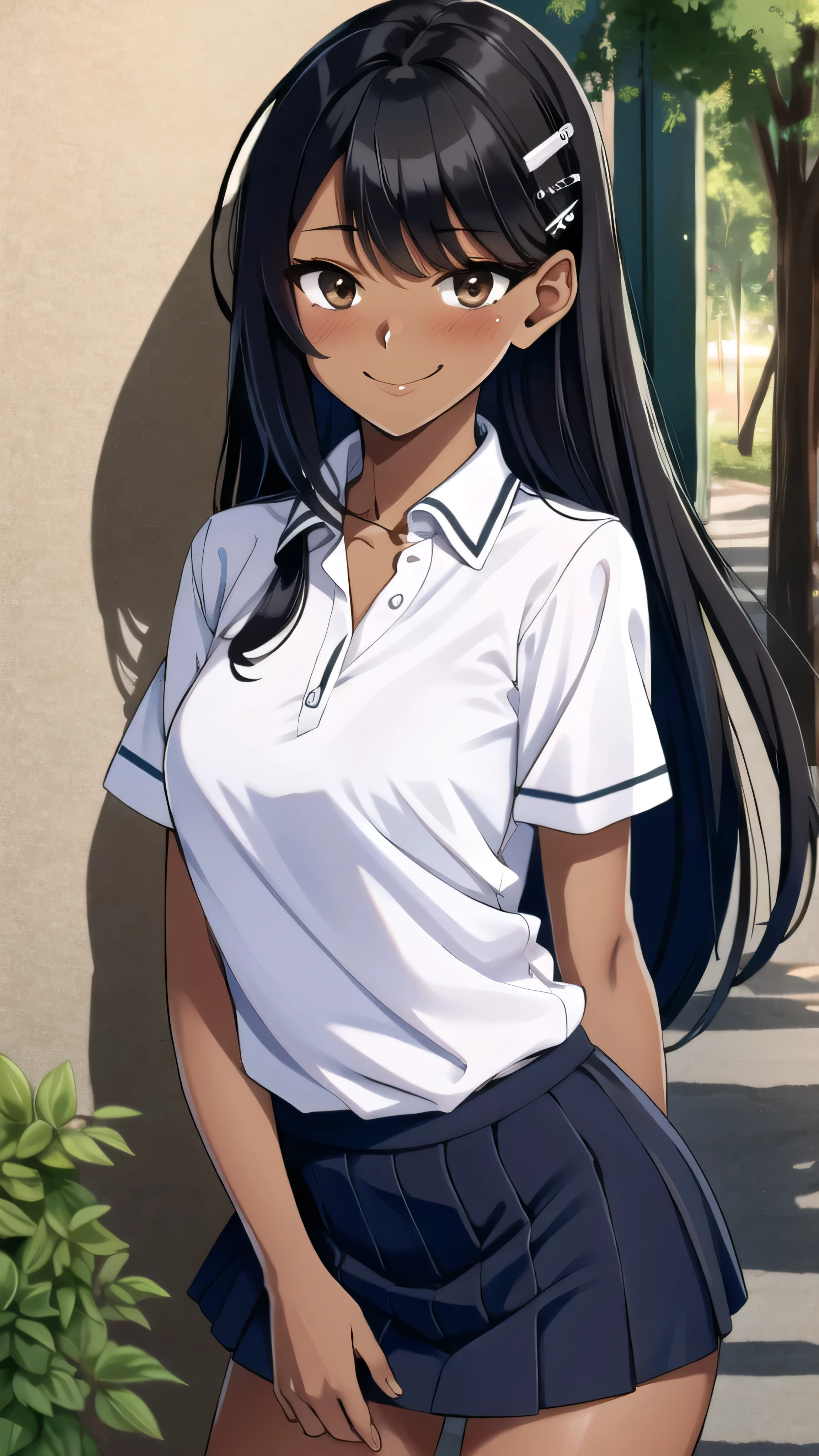 ((best quality)), ((masterpiece)), (details), one girl, sexy ((best quality)), ((masterpiece)), (details), one girl, sexy ((best quality)), ((masterpiece)), (details), one girl, full body, sexy expensive body, expensive, long legs, mature woman, mature, adult, it_nagatoro_main, Hayase Nagatoro, one girl, blushing, alone, uniform polo shirt, short sleeves, black hair,brown eyes, hair accessory, looking at viewer, hair clip, smiling, long hair, dark skinned woman, dark skin, , bangs, daytime, skirt, collared shirt, collarbone, ear clip, mouth closed, tree, asymmetrical bangs, upper body