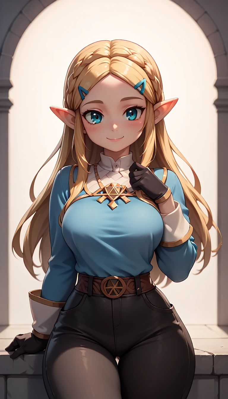 High resolution, Very detailed, perfect lighting, beautiful detailed eyes,   ((masterpiece,Best Quality)), absurdities, alone,     princess zelda, by the width, crown braid, Hair clip, pointy ears, blue shirt, long sleeves, Gloves without fingers, black gloves, Black pants, tight pants, smile, curves, nod,   , 