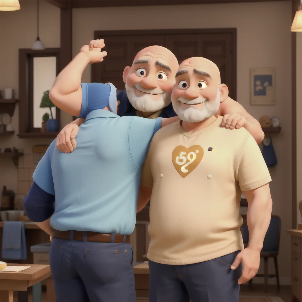 A couple in their 50s, loving and hugging. The gentleman is completely bald and has a low beard and is chubby with strong arms., while the woman is sweet and small, with medium hair, smooth and golden blonde.undefined,