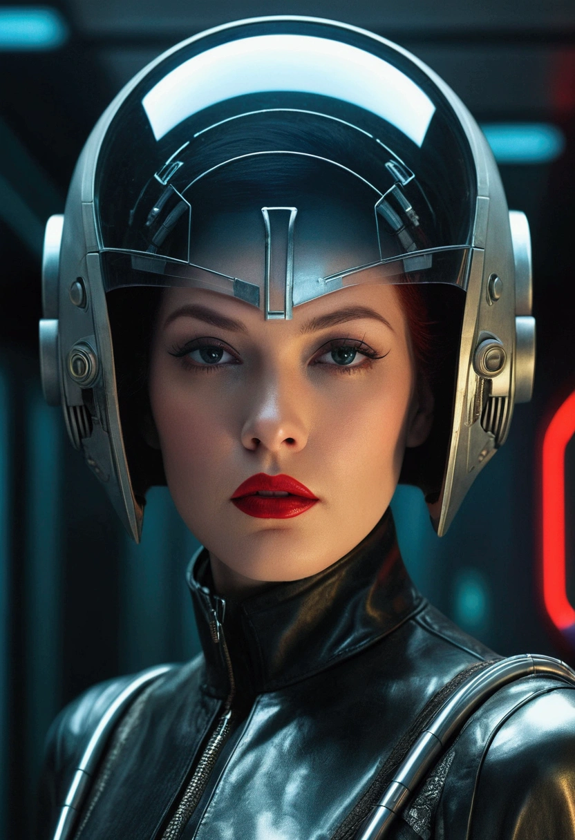 A closeup of a woman wearing a futuristic helmet and red lipstick, jackie welles ciberpunk, cgsociety 9, style = retro-futurism, beautiful android woman, portrait of an android woman, futuristic retro fashion, Bladerunner movie still., Female cyborg in data center, moebius aesthetics, Movie still of an alien cyborg., depicted as a science fiction scene  