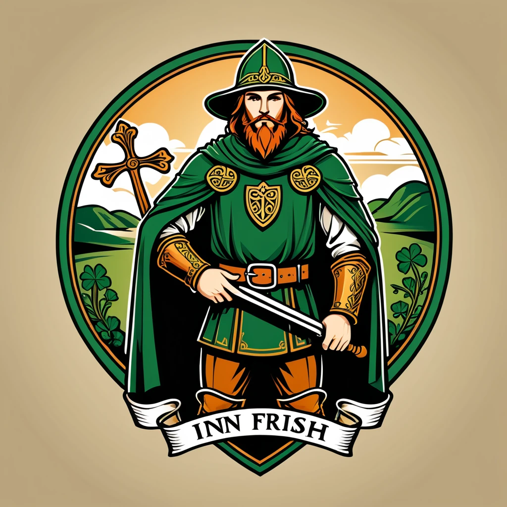 paladin in irish folk outfit, vector graphics, strong contours, logo design