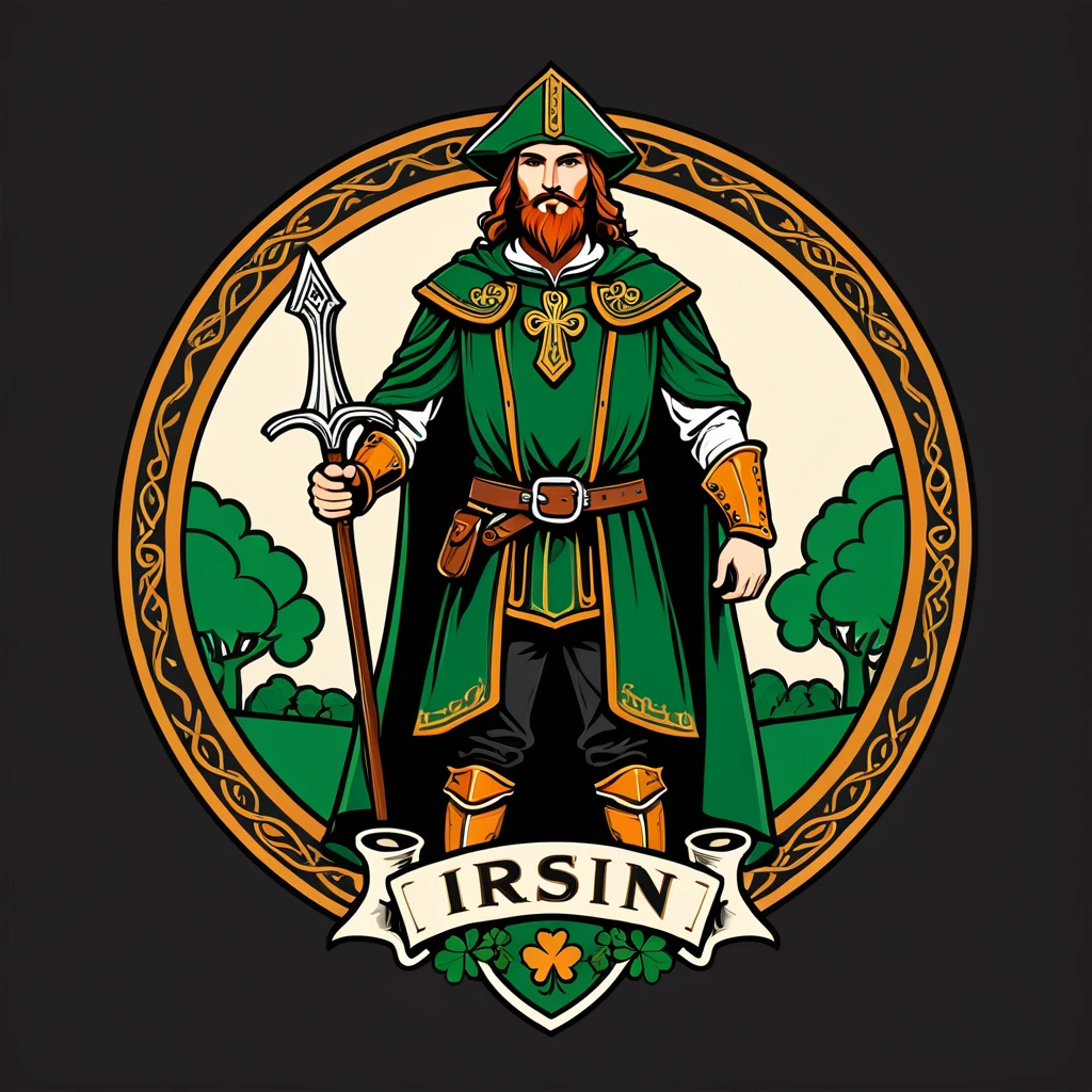 paladin in irish folk outfit, vector graphics, strong contours, logo design