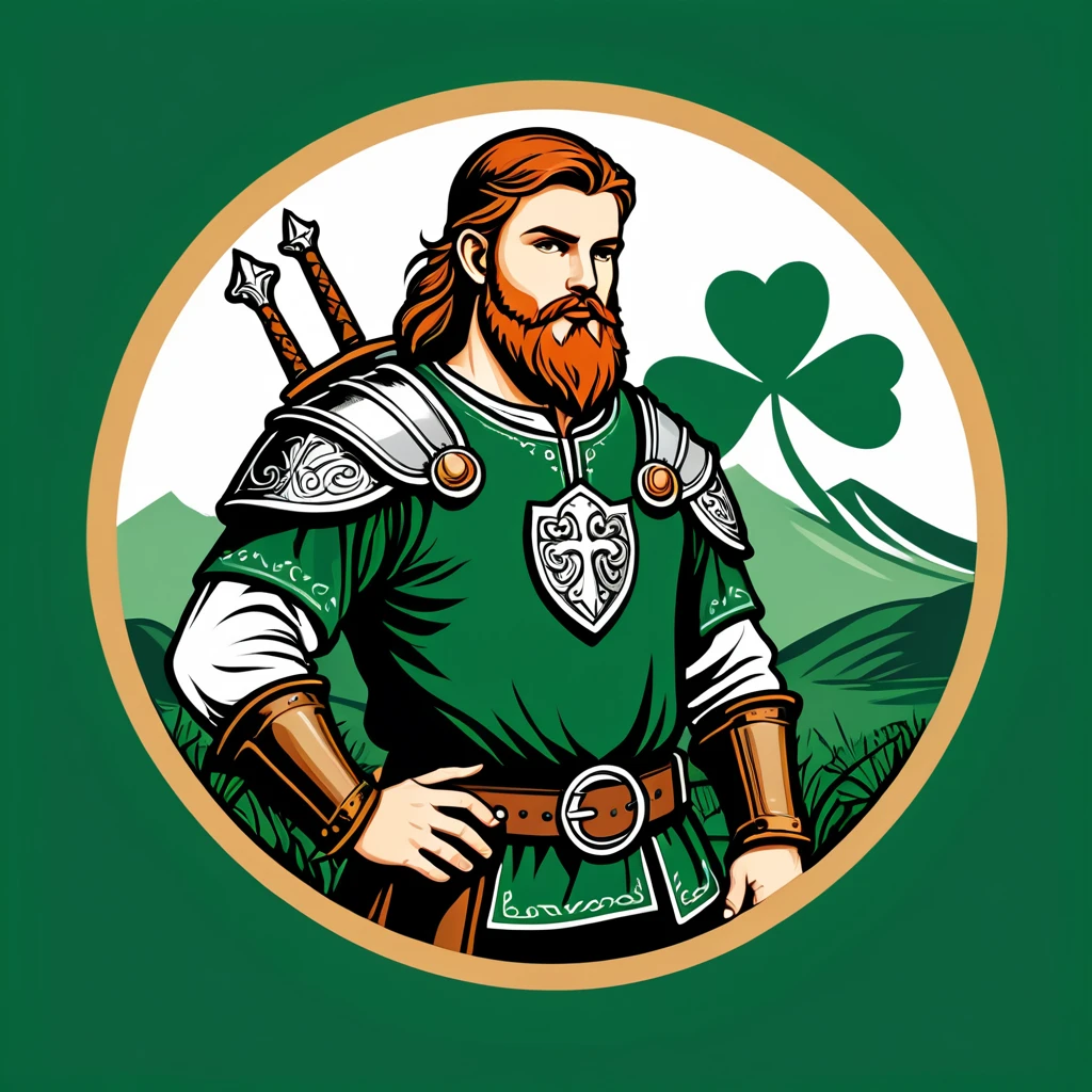 paladin in irish folk outfit, vector graphics, strong contours, logo design
