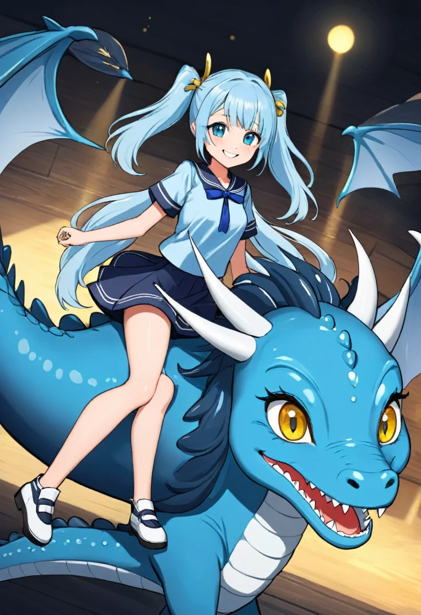 Beautiful girl riding a dragon　Light blue long hair　Twin tails　Bright smile　
