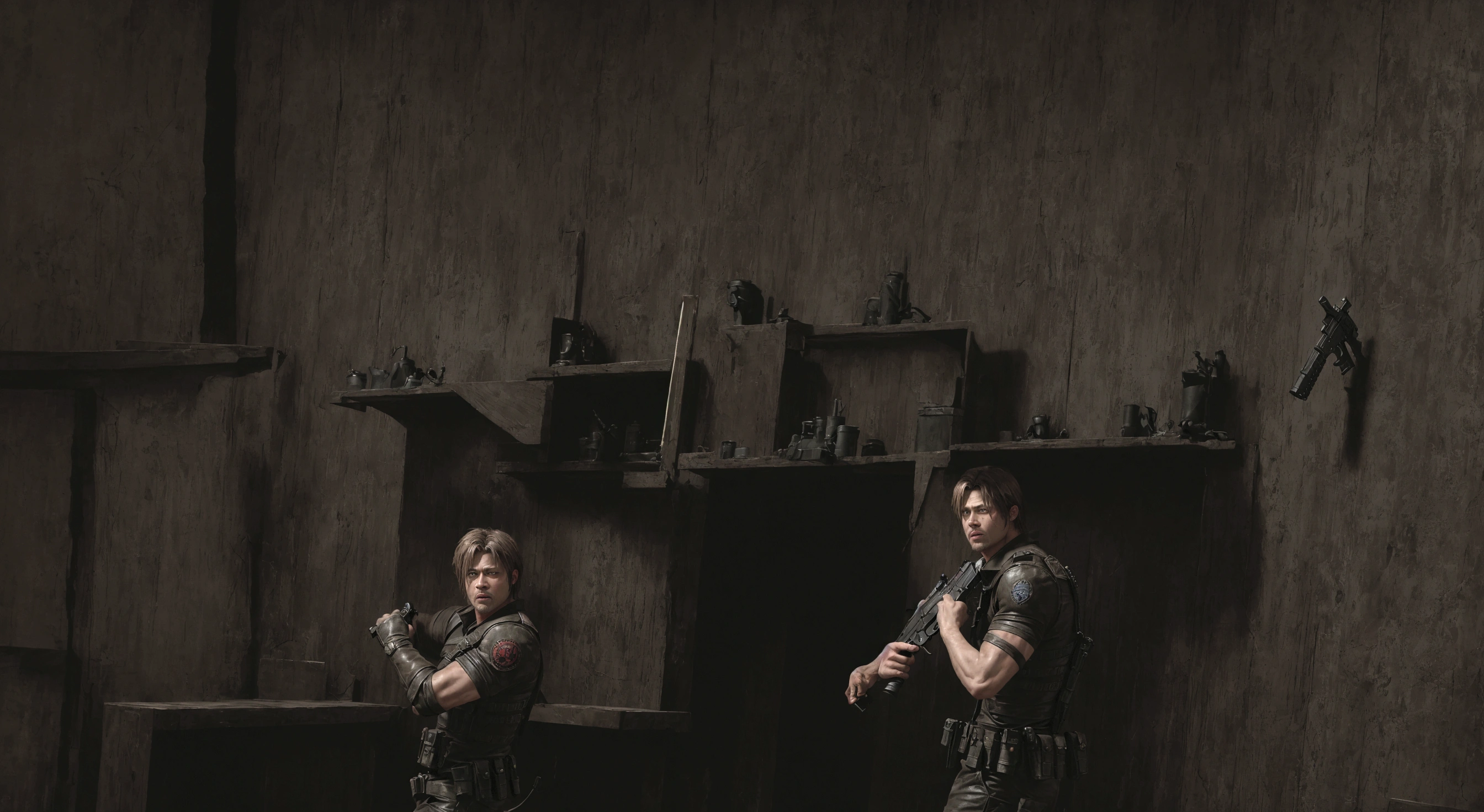 arafed image of a man holding a gun in a room, brad pitt is leon s. kennedy, resident evil 4, background of resident evil game, resident evil, hd remaster, chris redfield, dramatic wielding gun pose, resident evil 1, sfm, ps 3 screenshot, cutscene footage, video game screenshot, hd screenshot, video game cutscene