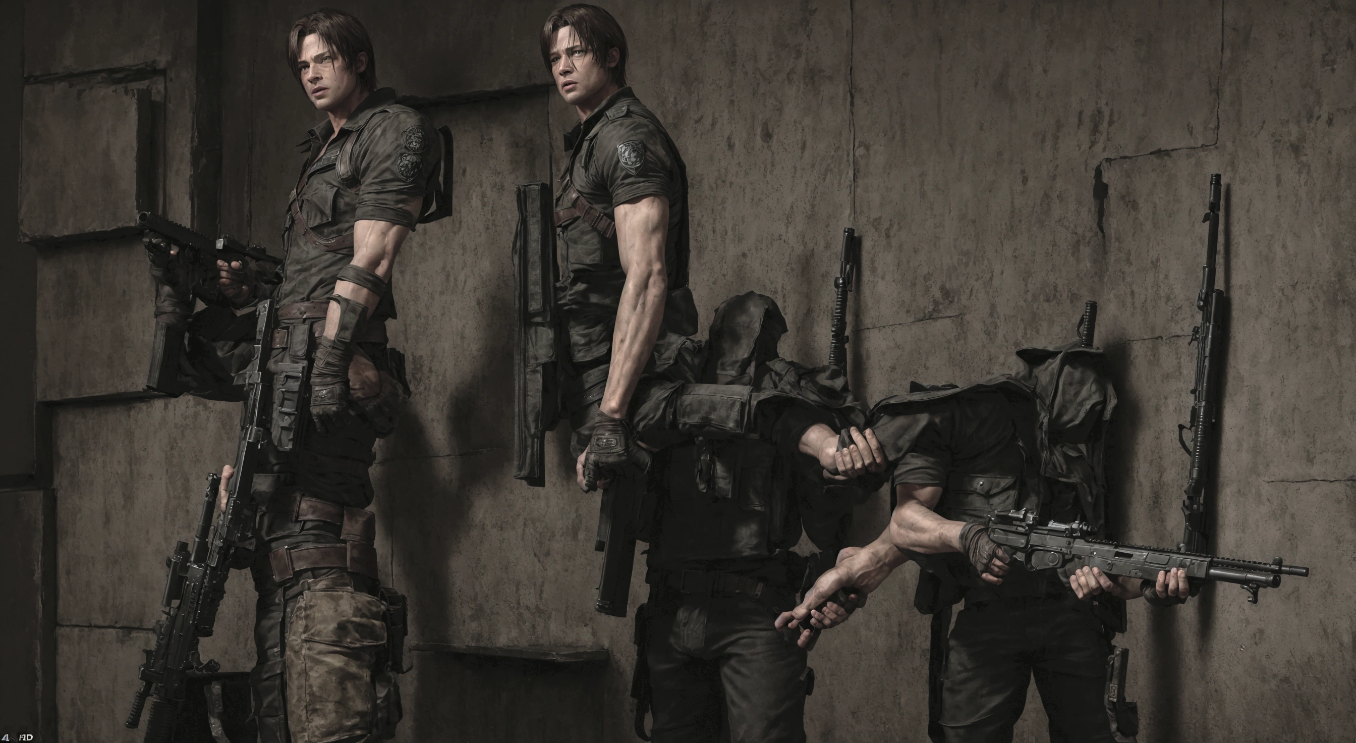 arafed image of a man holding a gun in a room, brad pitt is leon s. kennedy, resident evil 4, background of resident evil game, resident evil, hd remaster, chris redfield, dramatic wielding gun pose, resident evil 1, sfm, ps 3 screenshot, cutscene footage, video game screenshot, hd screenshot, video game cutscene