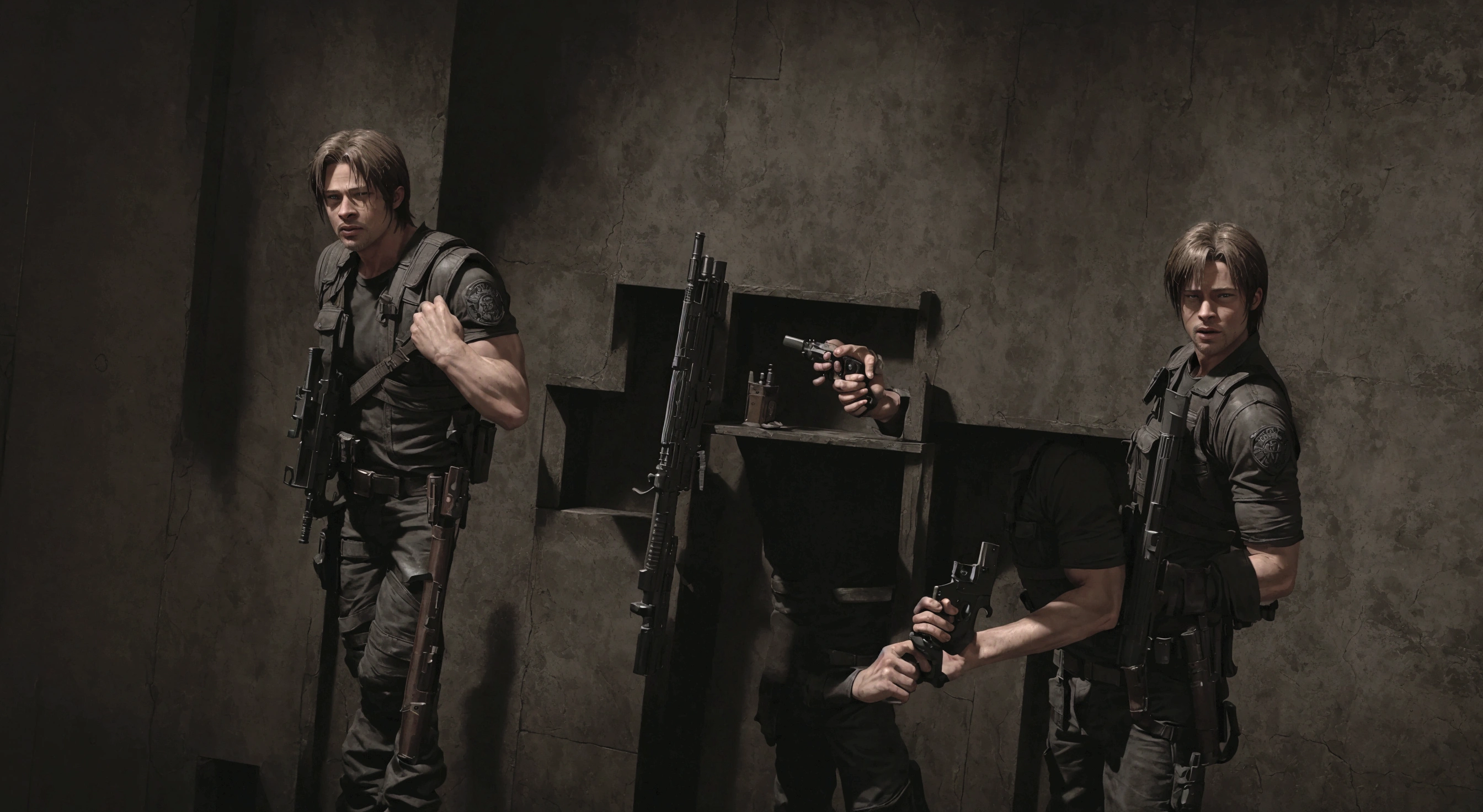 arafed image of a man holding a gun in a room, brad pitt is leon s. kennedy, resident evil 4, background of resident evil game, resident evil, hd remaster, chris redfield, dramatic wielding gun pose, resident evil 1, sfm, ps 3 screenshot, cutscene footage, video game screenshot, hd screenshot, video game cutscene