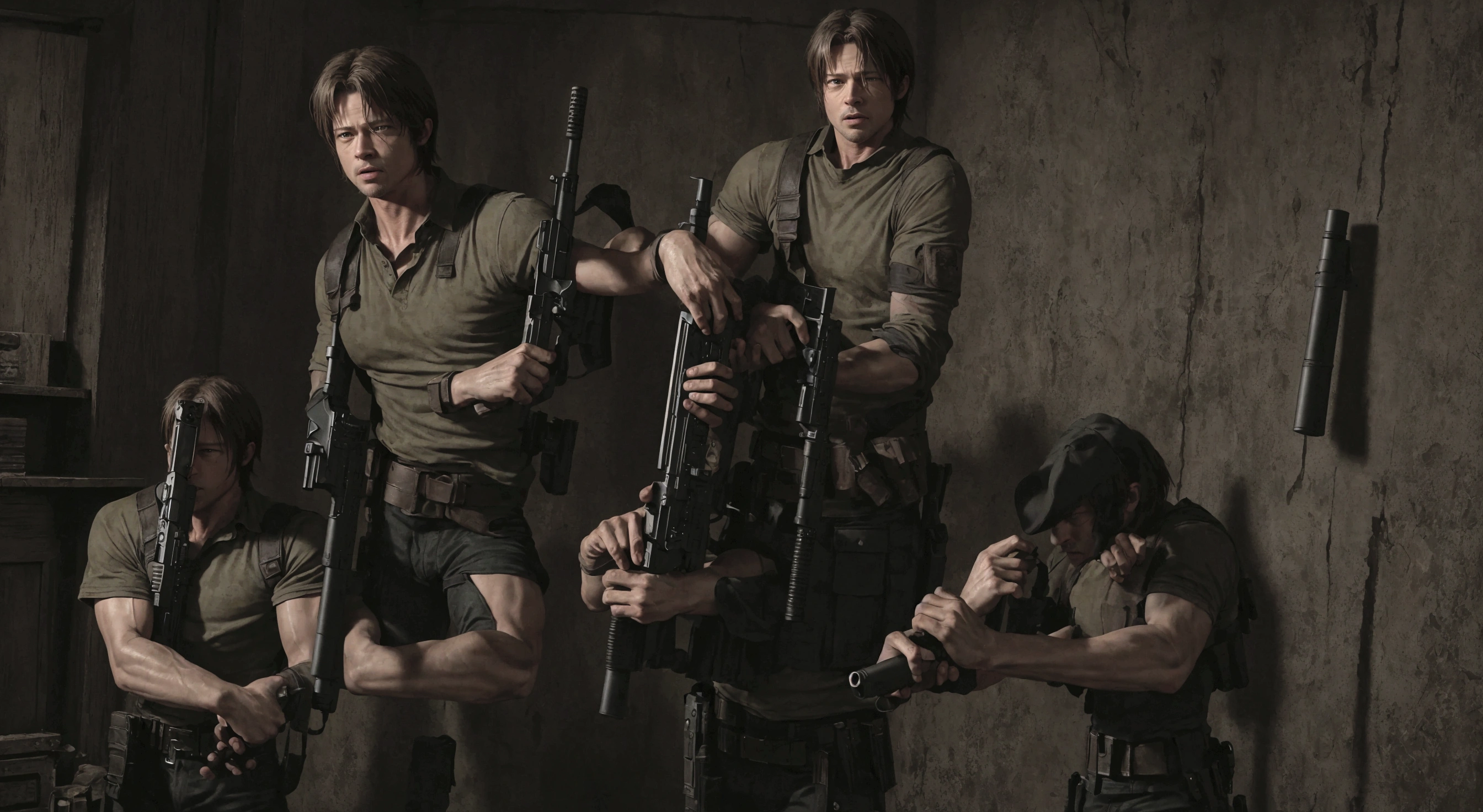 arafed image of a man holding a gun in a room, brad pitt is leon s. kennedy, resident evil 4, background of resident evil game, resident evil, hd remaster, chris redfield, dramatic wielding gun pose, resident evil 1, sfm, ps 3 screenshot, cutscene footage, video game screenshot, hd screenshot, video game cutscene