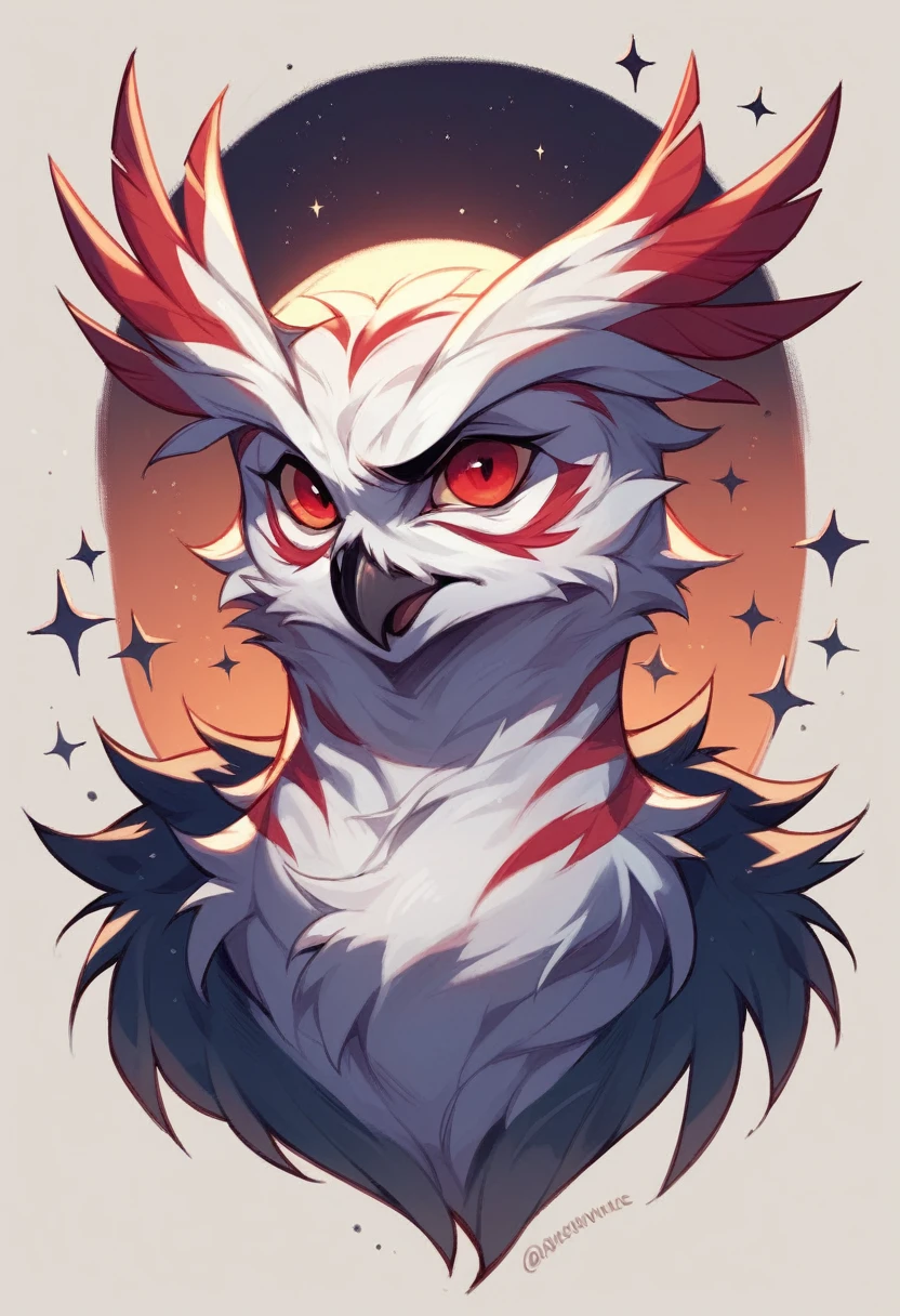 In the dark sky, a large owl with bright red eyes stares frighteningly. Its wings are covered with stars in the night sky and its feathers are embroidered with fine red stripes.