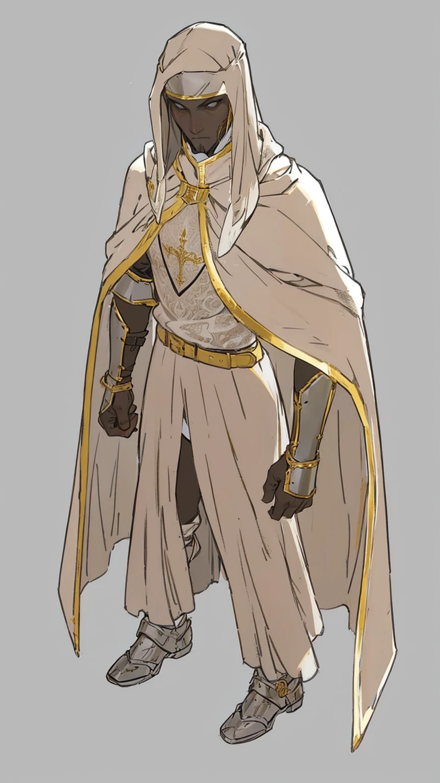 Templar warrior in armor, wearing armor and a white skirt, he also wears a cloak with gold borders, the leper king balduin iv