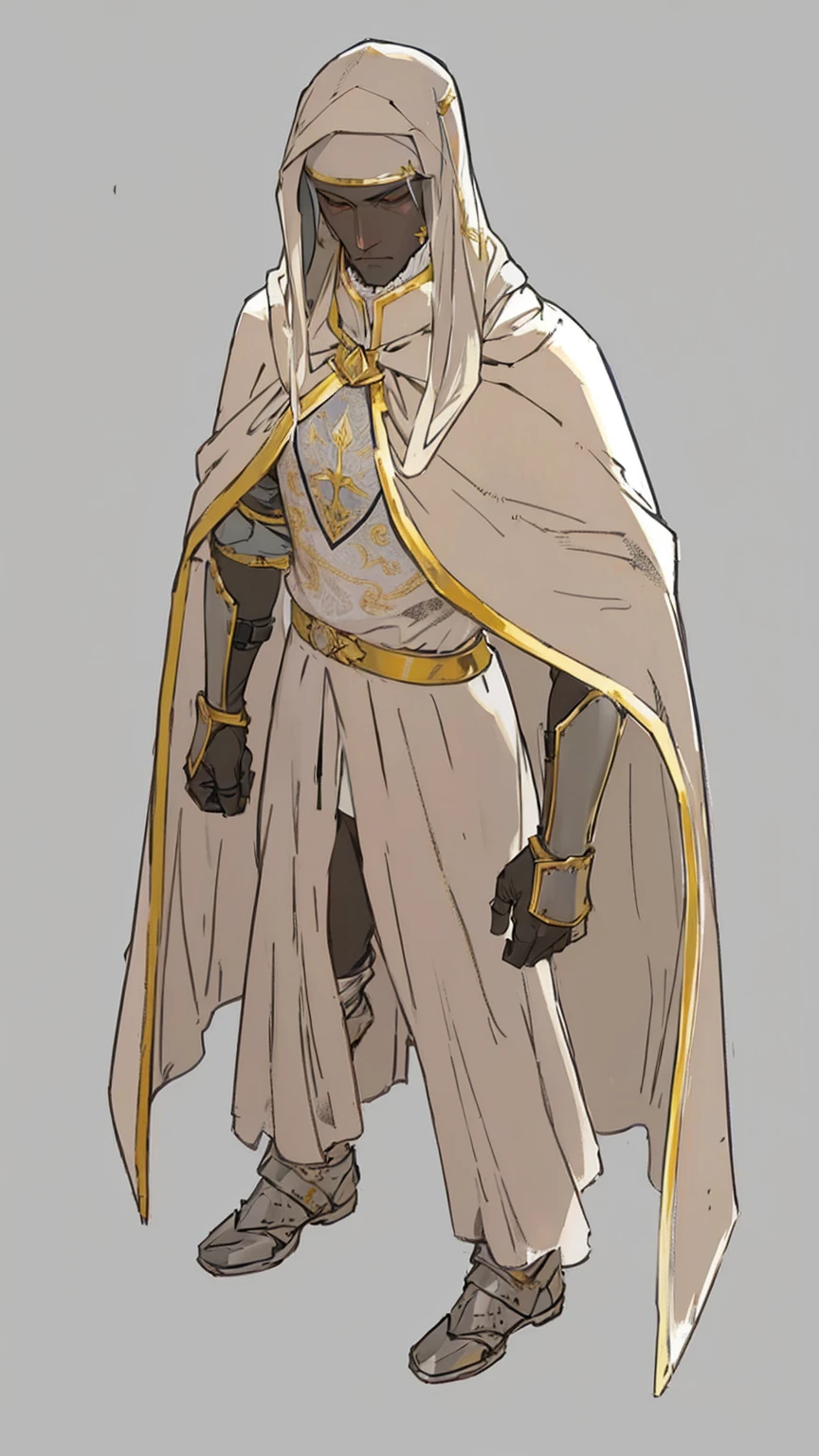 Templar warrior in armor, wearing armor and a white skirt, he also wears a cloak with gold borders, the leper king balduin iv