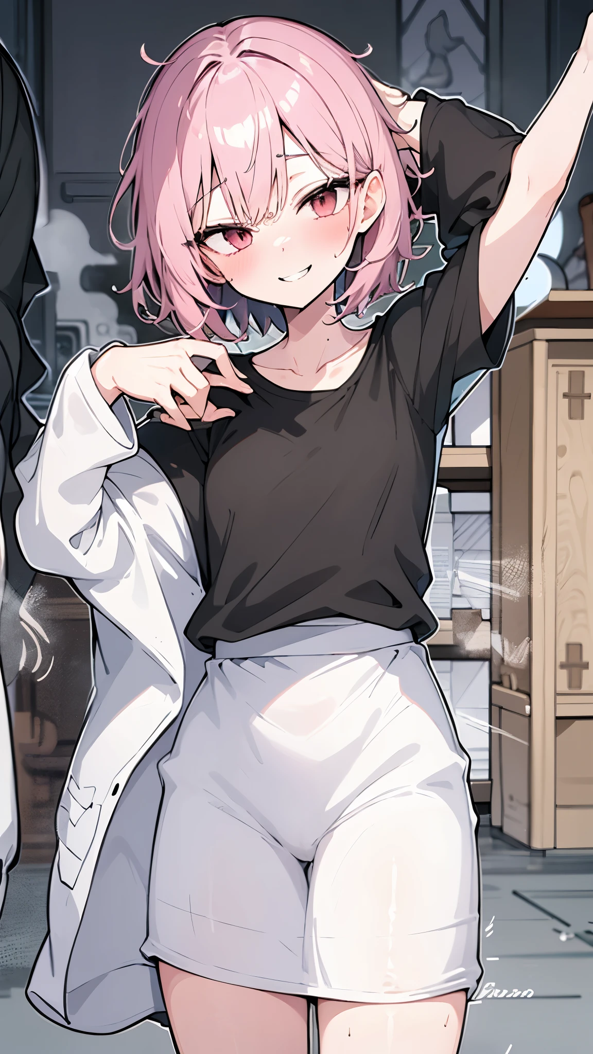 Short girl and black guy, Oversized plain t-shirt、No underwear、slender、Slender、Thin limbs、Small face,
, , (Wicked Smile:1.2), Off the shoulder, Short sleeve, Sunburn, Saucy, blush,steam,sweat,Vulgarity、
Half-naked macho middle-aged man puts his hand on girl's shoulder,
An absurd solution, Very detailed, Highest quality, Cute illustrationasterpiece、