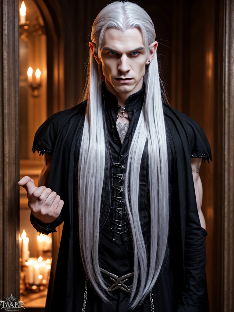 (best quality), 1boy, Male, mature, 30 years old, pale skin, silver hair, long hair, straight hair, red eyes, perfect eyes, pointed ears, gothic clothes, vampire, muscular, handsome, broad, masculine, masterpiece, anatomically correct, highres