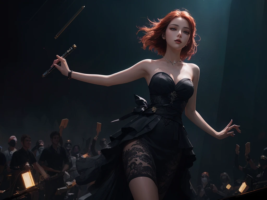 splash art, original art, 1 women, 4k, ((low pov, low shot, low angle, dynamic angle)), ((visual effect)), dark environment with neon lighting, neon, big stadium concert venue, singer, rockstar, concert, beautiful lighting effect, y, (((seductive))), speed movement, magic, ultra detailed, red medium hair, sexlack dress, strapless tube top dress, beutiful pose, cinematic, action, painting of a woman in a black dress on stage with a crowd, digital art of an elegant, elegant digital painting, digital painting concept art, inspired by Vincent Lefevre, twilight ; digital painting, red haired goddess, illustration concept art, gorgeous digital painting, sultry digital painting, artstation painting, an expressive digital painting, deviantart artstation cgscosiety