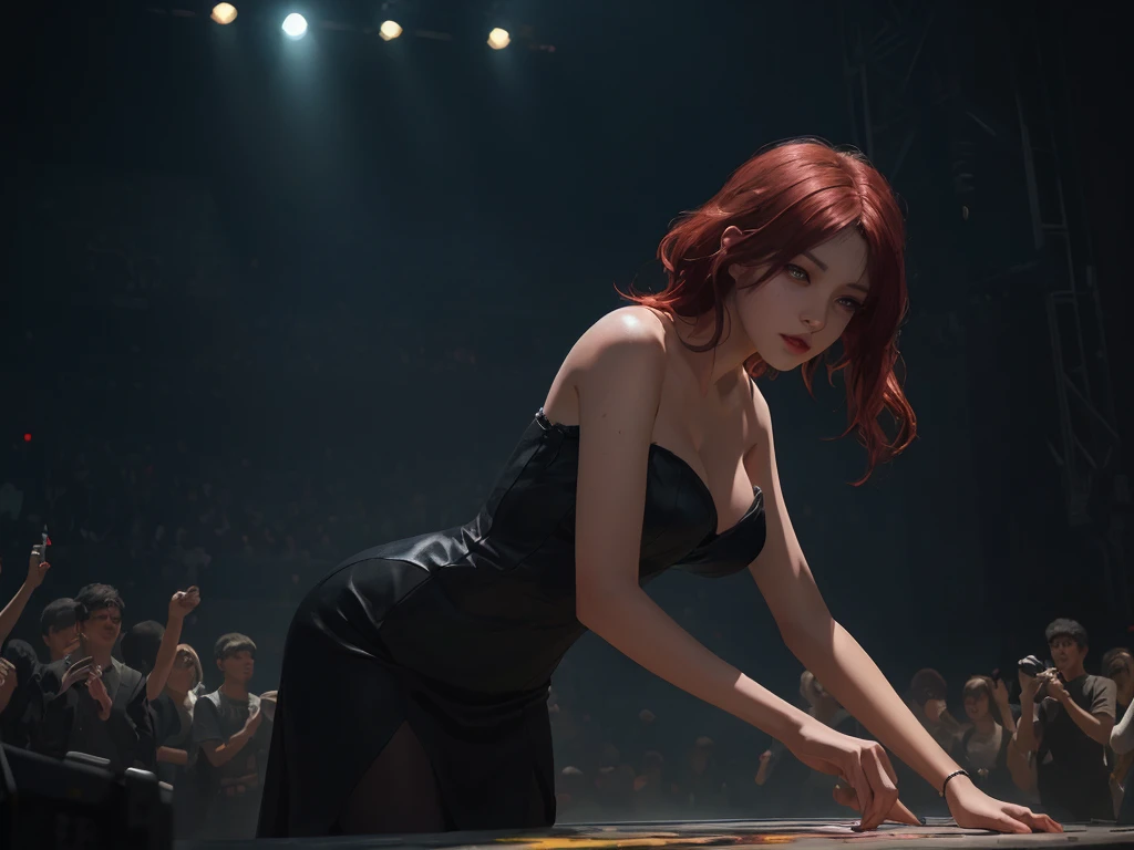 splash art, original art, 1 women, 4k, ((low pov, low shot, low angle, dynamic angle)), ((visual effect)), dark environment with neon lighting, neon, big stadium concert venue, singer, rockstar, concert, beautiful lighting effect, sexy, (((seductive))), speed movement, magic, ultra detailed, red medium hair, sexy black dress, strapless tube top dress, beutiful pose, cinematic, action, painting of a woman in a black dress on stage with a crowd, digital art of an elegant, elegant digital painting, digital painting concept art, inspired by Vincent Lefevre, twilight ; digital painting, red haired goddess, illustration concept art, gorgeous digital painting, sultry digital painting, artstation painting, an expressive digital painting, deviantart artstation cgscosiety