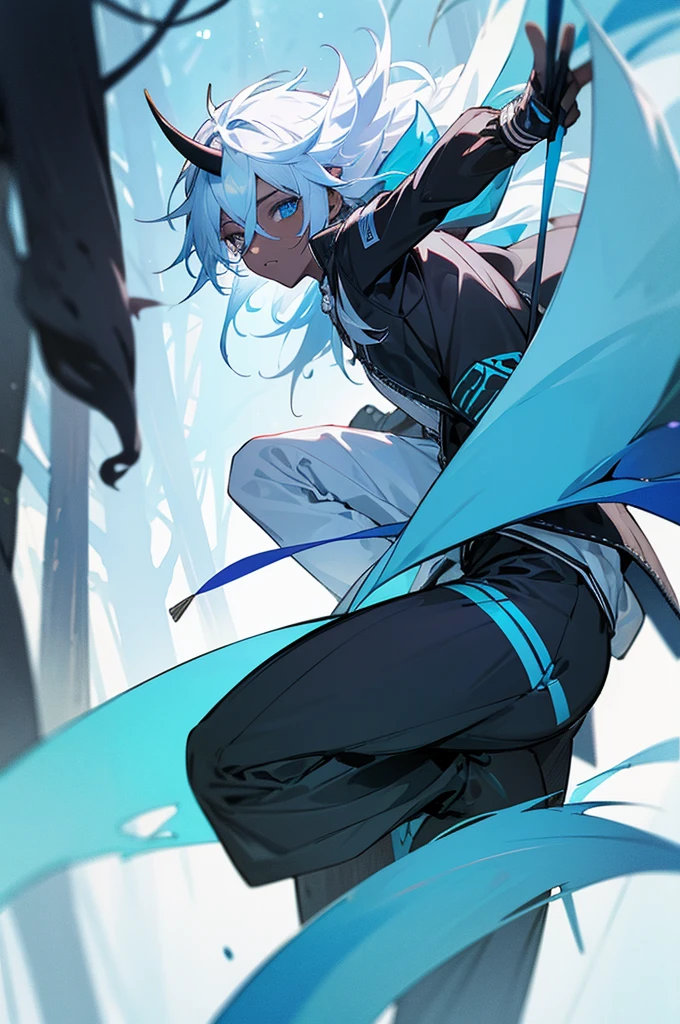1male, black and blue skin color, white hair ,small horns, with a tail, Jump jacket, Forest background
