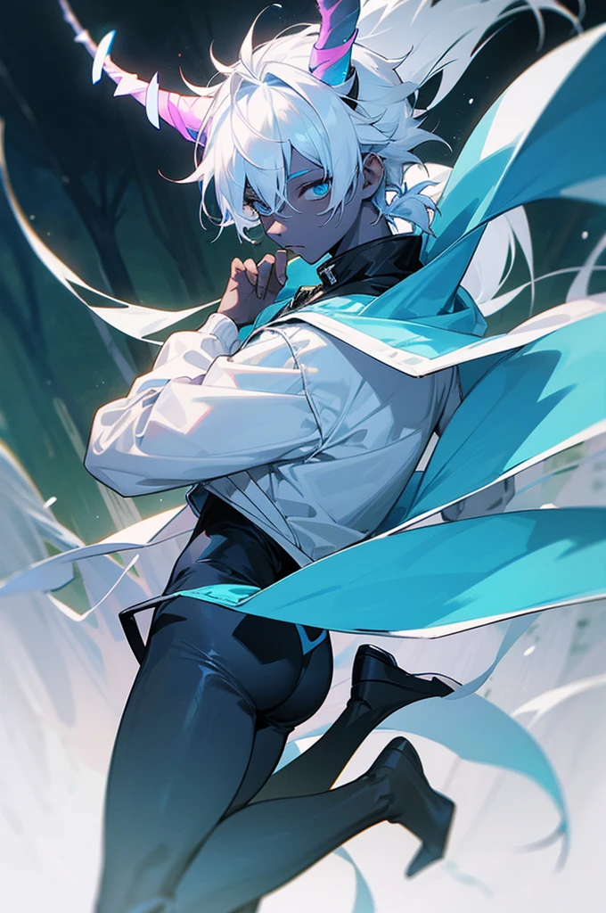 1male, black and blue skin color, white hair ,small horns, with a tail, Jump jacket, Forest background