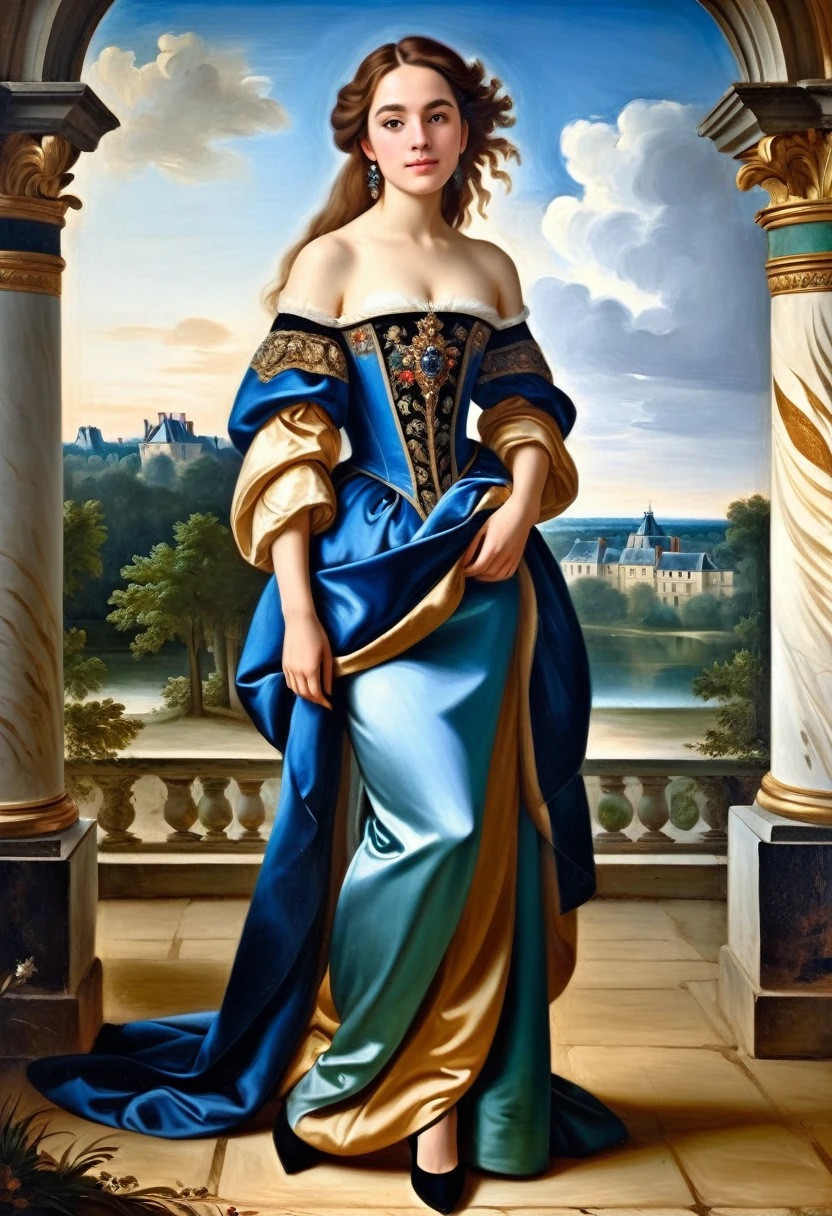 [[(full-length front view: young attractive girl) ((style Fontainebleau))]/[background:amazing Renaissance landscape based on Fontainebleau) (masterpiece)], oil painting, extreme detail, intricate, unusual, ((best quality))]