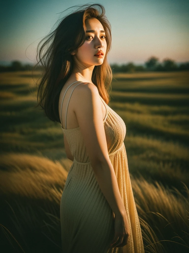 full body shot, Best quality, a 20y chubby mongolian women, wearing bohemian slip dress, big breast, redhead hair blowing in the wind, moody atmosphere, sunlight exposure, beautiful shadow, intricate posing in party, kodacrhome, cinematic, natural, perfect direct of photography, realistic face and eyes, realistic skin, ultra highly detailed, sharp focus, beautiful bokeh, surreal view, masterpiece photo, shot by zenit camera with 35mm lens, Portrait by annie leibovitz