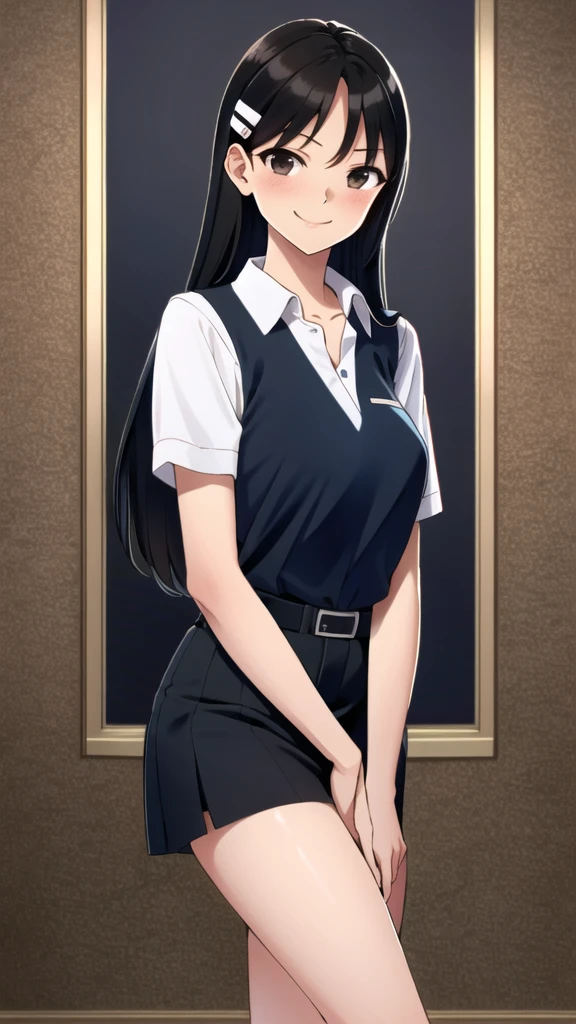 ((best quality)), ((masterpiece)), (details), one girl, sexy ((best quality)), ((masterpiece)), (details), one girl, sexy ((best quality)), ((masterpiece)), (details), one girl, full body, sexy expensive body, expensive, long legs, mature woman, mature, adult, it_nagatoro_main, Hayase Nagatoro, one girl, blushing, alone, uniform polo shirt, short sleeves, black hair,brown eyes, hair accessory, looking at viewer, hair clip, smiling, long hair, dark skinned woman, dark skin, , bangs, daytime, skirt, collared shirt, collarbone, ear clip, mouth closed, tree, asymmetrical bangs, upper body