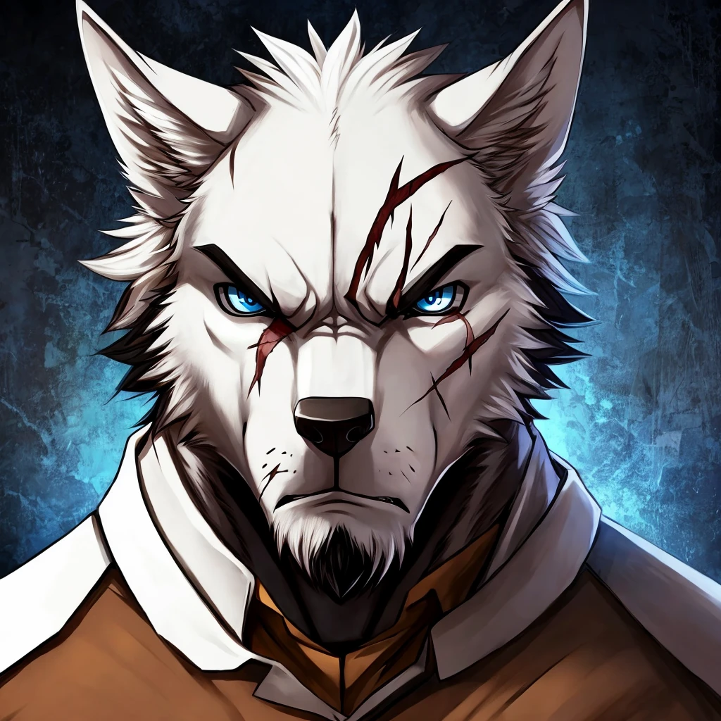 White wolf, male, brown shirt, black short hair, deep blue eyes, scar in left eye, angry