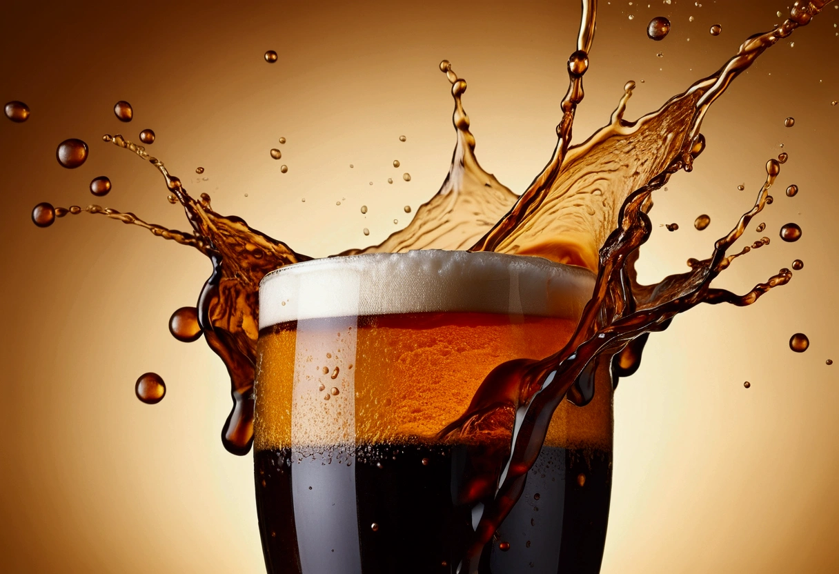 a picture of dark beer, beer splashing in the elegant cream color background like in a commercial, everything in focus
