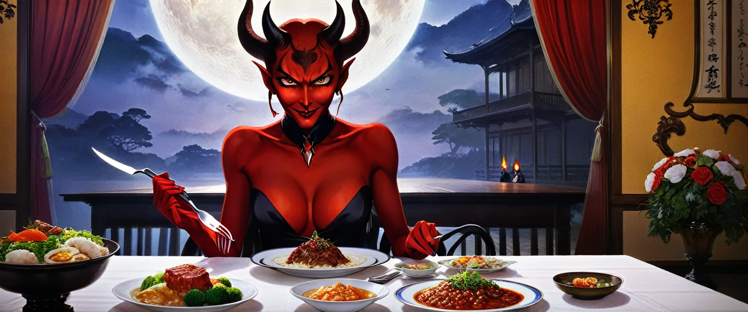 Beautiful picture), (Masterpiece), ((((Solo)))), ((big breasts)), (curvy), (sexually suggestive), (wearing latex bunny suit), perfect hands, sexy legs, (pouting), (bored), (holding a tray of food), (stockings), (demon horns), at a restaurant, (tight clothes),